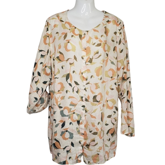 Rachel Zoe Women's Linen Blouse Size 2X Abstract Floral Roll Tab Button Front - Picture 14 of 14